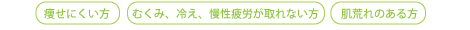 痩せにくい方。むくみ、冷え、慢性疲労が取れない方。肌荒れのある方。